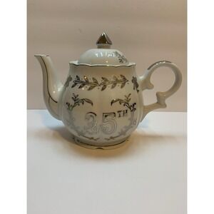 Lefton 25th Anniversary Musical Teapot‎ Porcelain Silver Trim Made in Japan